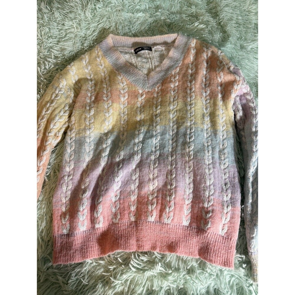 Shein Rainbow Pastel Long Sleeve Sweater Cotton V Neck Sz S Blouse